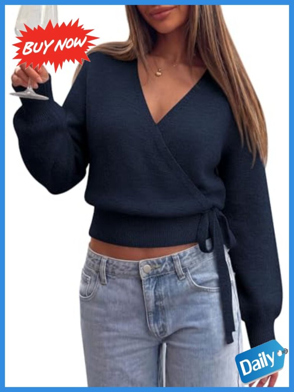 Women's V-Neck Wrap Sweater Pullover Knit Stretch Long Sleeve